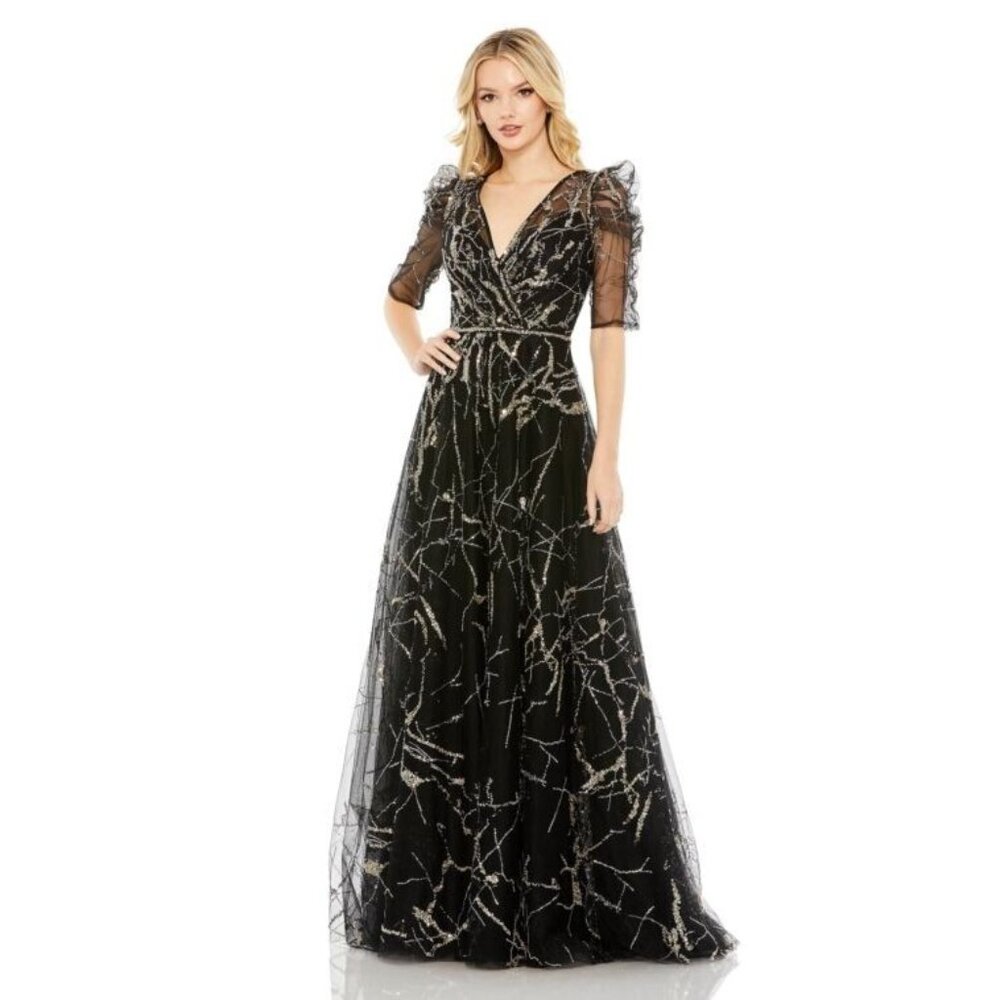New Mac Duggal 20428 EMBELLISHED GATHERED Puff Sleeve Faux Wrap Gown 8 $798